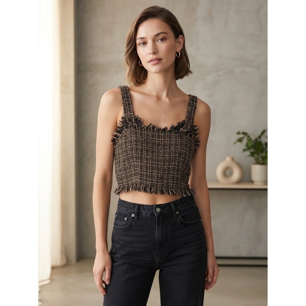 Mare Mare x Anthropologie Tweed Fringed Crop Top Black Tan Plaid Small
